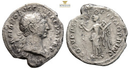 Trajan AR Denarius. Rome, AD 103-111. (2.77g, 20.2mm) IMP TRAIANO AVG GER DAC P M TR P, laureate head right, slight drapery on far shoulder / COS V P ...