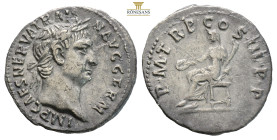 Trajan AR Denarius. Rome, AD 100. (2.70g, 19.6mm) IMP CAES NERVA TRAIAN AVG GERM, laureate head right / P M TR P COS III P P, Concordia seated left, h...