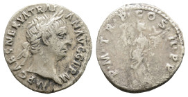 Trajan AR Denarius. AD 98-99. (2.98g, 18.7mm) IMP CAES NERVA TRAIAN AVG GERM, laureate head right / P M TR P COS II P P, Pax standing left, holding ol...