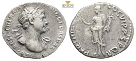 Trajan AR Denarius. Rome, AD 114-117. (2.88g, 18.7mm) IMP CAES NER TRAIAN OPTIM AVG GERM DAC, laureate and draped bust right / PARTHICO P M TR P COS V...