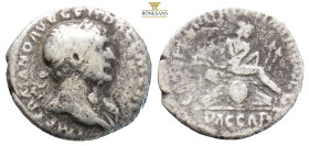 Trajan AR Denarius. Rome, AD 108. (2.37g, 182mm) IMP TRAIANO AVG GER DAC P M TR P. Laureate head right / COS V P P S P Q R OPTIMO PRINC / DAC CAP. Tie...
