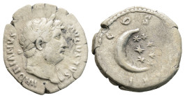 Hadrian AR Denarius. Rome. AD 125-128. (3.10g, 19.6mm) HADRIANVS AVGVSTVS, laureate head right / COS III, seven stars above crescent. RIC 202.