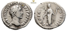 Antoninus Pius AR Denarius. Rome, AD 159-160. (3g, 18.8mm) ANTONINVS AVG PIVS P P TR P XXIII, laureate bust right / PACI AVG COS IIII, Pax standing le...