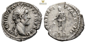 Antoninus Pius AR Denarius. Rome, AD 158-159. (3.23g, 19mm) ANTONINVS AVG PIVS P P, laureate head to right / VOTA SVSCEPTA DEC III, emperor standing t...