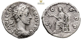 Commodus AR Denarius. Rome, AD 179. (2.92g, 18mm) L AVREL COMMODVS AVG laureate, draped and cuirassed bust right / COS P P, Salus seated left, holding...