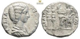 Julia Domna AR Denarius. Rome, 196-211. (3.64g, 17.5mm) IVLIA AVGVSTA, draped bust right / MATRI CASTRORVM, empress seated left, holding Phoenix-Globe...