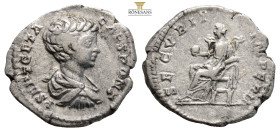 Geta, as Caesar, AR Denarius. Rome, AD 200-202. (3.11g, 19.2mm) P SEPT GETA CAES PONT, bare-headed, draped and cuirassed bust right / SECVRIT IMPERII,...