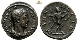 Severus Alexander AR Denarius. Rome, AD 232. (2.51g, 19.8mm) IMP ALEXANDER PIVS AVG, laureate draped and cuirassed bust right / MARS VLTOR, Mars advan...