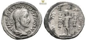 Maximinus I AR Denarius. Rome, AD 235. (2.54g, 20.7mm) IMP MAXIMINVS PIVS AVG, laureate, draped and cuirassed bust right / P M TR P P P, Maximinus sta...