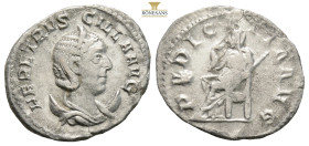 Herennia Etruscilla AR Antoninianus. Rome, AD 250. (3.68g, 22.5) Draped bust right, wearing stephane, set on crescent / Pudicitia seated left, drawing...