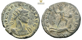 Aurelian. AE Follis. AD 270-275. (3.10g, 22.3mm) Antioch mint, 5th officina. 5th emission, Spring AD 274-early 275. Radiate and cuirassed bust right /...