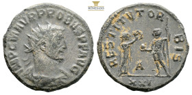 Probus. Antioch, AE Follis. AD 276-82. (3.33g, 20.8mm) IMP C M AVR PROBVS P F AVG, radiate, draped and cuirassed bust to right / RESTITVT ORBIS, femal...