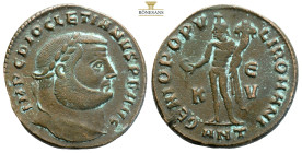 Diocletian. Antioch, AE Follis. AD 302-303. (10.18g, 26.2mm) IMP C DIOCLETIANVS P F AVG, laureate head to right / GENIO POPVLI ROMANI, Genius, wearing...