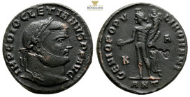 Diocletian. Antioch, AE Follis. AD 302-303. (9.22g, 26.8mm) IMP C DIOCLETIANVS P F AVG, laureate head to right / GENIO POPVLI ROMANI, Genius, wearing ...