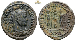 Diocletian. Antioch, AE Follis. AD 285. (3.75g, 22.9mm) IMP C C VAL DIOCLETIANVS P F AVG, radiate, draped and cuirassed bust to right / IOV ET HERCV C...