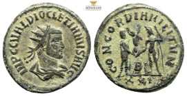 Diocletian. Cyzicus, AE Follis. AD 295-299. (4.45g, 22.8mm) IMP C C VAL DIOCLETIANVS P F AVG, radiate, draped and cuirassed bust to right / CONCORDIA ...