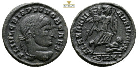 Crispus, as Caesar, AE Follis. Sirmium, AD 324-325. (2.96g, 18.6mm) FL IVL CRISPVS NOB CAES, laureate head to right / ALAMANNI A DEVICTA, Victory stan...