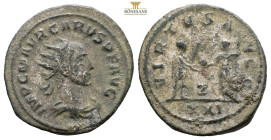 Carus. Antioch, AE Follis. AD 282-283. (3.83g, 22.8mm) IMP C M AVR CARVS P F AVG, radiate, draped and cuirassed bust to right / VIRTVS AVGG, Carus sta...