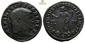 Maximianus Herculius AE Follis. Aquileia, Circa AD 303.(9.43g, 27.1mm) IMP MAXIMIANVS P F AVG, laureate head right / SACRA MONETA AVGG ET CAESS NOSTR,...