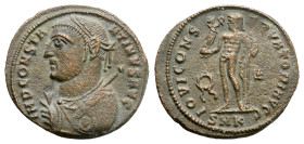 Constantine I 'the Great' AE follis. Cyzicus, AD 317-320. (3.22g, 19.2mm) IMP CONSTANTINVS AVG, laureate and draped bust to left, holding orb and mapp...
