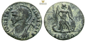 City Commemorative AE follis. (2.07g, 17.8mm) Struck under Constantine I. Thessalonica, AD 330-333. CONSTANTINOPOLIS, laureate, helmeted and mantled b...