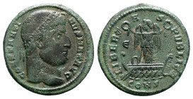 Constantine I 'the Great' Constantinople, AE Follis. AD 327. (3.10g, 20.1mm) CONSTANTINVS MAX AVG, laureate head to right / LIBERTAS PVBLICA, Victory ...