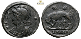 Constantine I Antioch, AE Follis. AD 329-330. (2.07g, 18.3mm) VRBS ROMA, helmeted and cuirassed bust left / She-wolf standing left, suckling the twins...