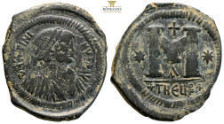 Justinian I AE 40 Nummi. Theoupolis (Antioch), (15.18g, 35.6mm) AD 529-533. D N IVSTINIANVS P P AVG, diademed, draped, and cuirassed bust right / Larg...