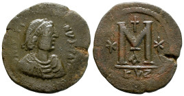 Justin I. AE 40 Nummi. Cyzicus AD 518-527. (17.52g, 33.9mm) DN IVSTINVS PP AVG Diademed, draped, cuirassed bust right. Large M; crosses above and flan...