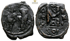 Justin II, with, Sophia. AE 20 Nummi. Constantinople, (5.53g, 27.6mm) dated RY 3 = AD 567/8. D N IVSTINVS P P AI, nimbate imperial couple seated facin...