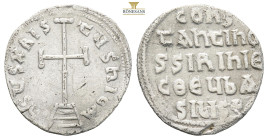 Constantine VI and Irene AR Miliaresion. Constantinople, AD 780-797. (2.05g, 19.6mm) IҺSЧS XRISTЧS ҺICA, cross potent on three steps, within triple bo...