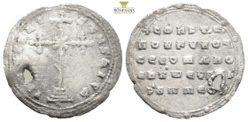Constantine VII and Romanus I AR Miliaresion. Constantinople, AD 945-959. (2.56g, 24.3mm) IҺSЧS XRISƮЧS ҺICA, cross crosslet on three steps, X at cent...