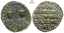 Constantine VII Porphyrogenitus, with Zoe. AE Nummi. Constantinople AD 913-959. (5.9g, 26.6mm) CONSTANZI CE ZOH b', Crowned busts of Constantine weari...