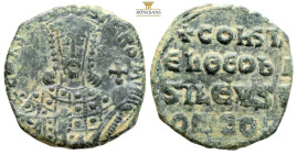 Constantine VII Porphyrogenitus, with Romanus I AE Nummi. (7.97g, 26.1mm) Constantinople, AD 931-944. [+CO]ҺSƮ bASIL ROM, crowned facing bust of Const...