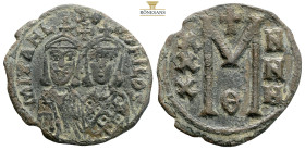 Michael II 'the Amorian', with Theophilus, AE 40 Nummi. (6.34g, 29.9mm) Constantinople, AD 821-829. MIXAHL S ΘЄΟFILOS, crowned and facing busts of Mic...