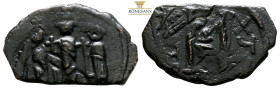 Heraclius, with Martina and Heraclius Constantine. AE Nummi. AD 610-641. (5.27g, 28.2mm) Constantinople. Heraclius, in center, flanked by Martina, on ...