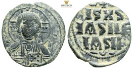 Anonymous AE Nummi. (4.67g, 26mm) Time of Basil II and Constantine VIII. Constantinople, circa AD 976-1025. ⧾ ЄMMA NOVHΛ, facing bust of Christ Pantok...