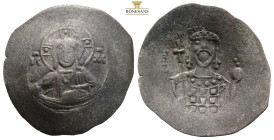 John II Comnenus BI Aspron Trachy. Constantinople, AD 1118-1143. (3.37g, 28.3mm) Nimbate Christ enthroned facing, wearing pallium and colobium, holdin...