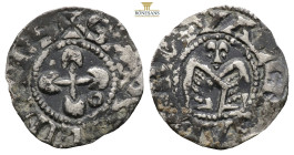 France. Feudal, Bishops of Valence, 12-13th century. AR, Denier. (1.05g, 18mm) Cross pomme with annulet in fourth quarter. Winged angel or eagle facin...