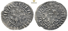 Armenia, Cilician Armenia. Levon I AR Half Tram. Struck circa AD 1198-1219.(2.34g, 24mm) Levon seated facing on throne decorated with lions, holding g...