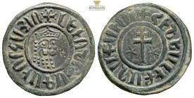 Armenia, Cilician Armenia. Levon I AE Tank. 1198-1219. (7.73g, 28.9mm) Armenian legend around bearded leonine head of king facing three-quarters to ri...