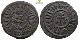 Armenia, Cilician Armenia. Levon I AE Tank. 1198-1219. (7.27g, 28.9mm) Armenian legend around bearded leonine head of king facing three-quarters to ri...