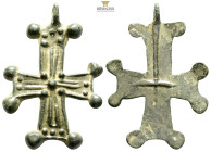 Bronze Cross Pendant. Middle Byzantine, 10thC-12thC. (8.87g, 42.8mm). Cross necklace; bronze; arms rounded at the ends.