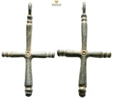 Pendant Cross. Early Byzantine, 6thC-7thC. (5.50g, 48.3mm)
Pendant cross; AE; with a hanging loop at the top; a small cross.
