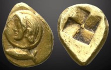MYSIA. Kyzikos. Circa 550-450 BC. Hemihekte . Head of a youthful male ( ephebe ) to left on a raised disc; below, tunny swimming to left. Rev. Quadrip...