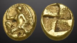 MYSIA. Cyzicus. 5th-4th Centuries BC. EL 1/12 stater or hemihecte . NGC Choice VF 4/5 - 4/5. Nike crouching left, on tunny fish left, aphlaston in out...