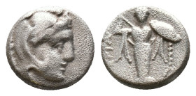 Mysia, Pergamon AR Diobol. Circa 310-282 BC. Head of Herakles right, wearing lion's skin / Archaistic Palladion: statue of Pallas Athena standing faci...
