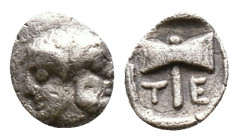 Troas, Tenedos,AR. Silver Obol Late 5th-early 4th century BC. Obv: Bust of Artemis to right, wearing stephane Rev: Labrys; T-E across lower fields. Re...