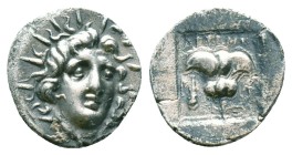 Islands of Caria, Rhodes, c. 170-150 BC. AR Hemidrachm . ‘Plinthophoric’ coinage. Artemon, magistrate. Radiate head of Helios facing slightly r. R/ Ro...
