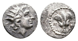 ISLANDS off CARIA, Rhodos. Rhodes . Circa 188-84 BC. AR Diobol. ‘Plinthophoric’ coinage. Radiate head of Helios right / Rose with bud to left; aphlast...